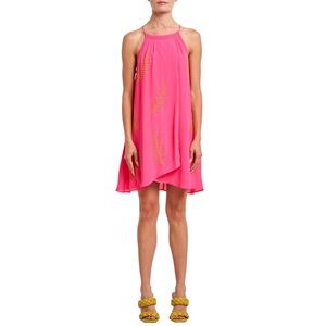 Sleeveless Pink Halter Mini Dress with Gold Leaf Print